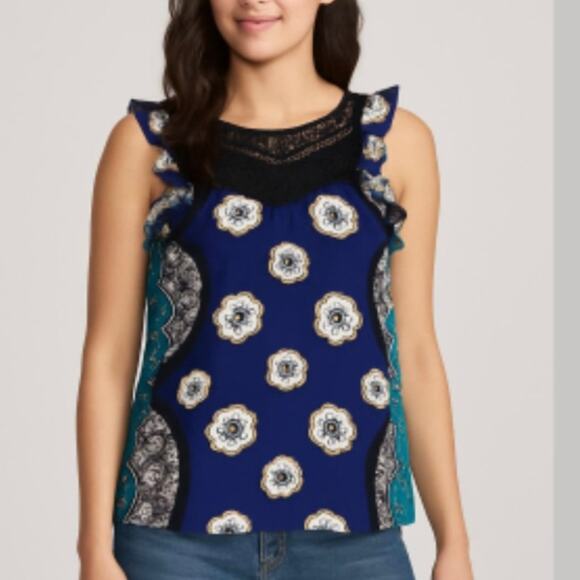 EXPRESS Blue Floral Lace Yoke Tank Ruffle Blouse size Small - Picture 1 of 9